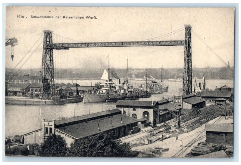 c1910 Transporter Bridge Navy Battleship in Kiel Germany Antique Postcard