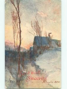 Pre-Linen signed RUSTIC COUNTRY SCENE AT SUNSET k6654