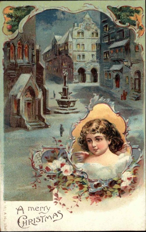 Christmas Winter Street Scene Pretty Little Girl Art Nouveau Border c1910 PC