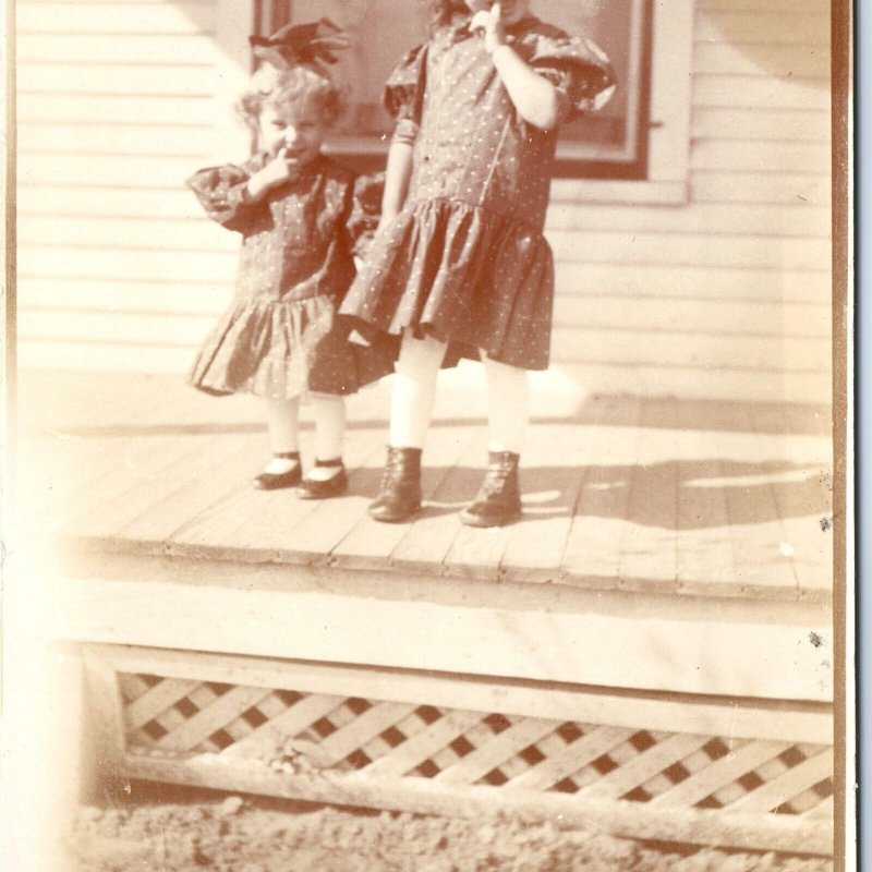 c1910s Colorado Cute Little Girls RPPC House Kids Finger Mouth Real Photo A147