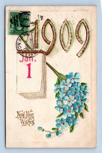 Happy New Year 1909 Holly Embossed DB Postcard L13