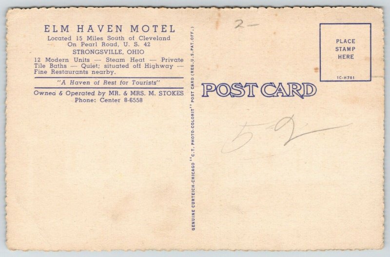 Strongsville Ohio~Elm Haven Motel~Yellow Shutters~Shaded by Trees~1940s Postcard