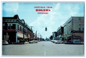 c1960s Greetings From Rogers Part Of Business District Arkansas AR Cars Postcard