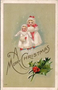 Christmas Children Cute Children White Coats 1915 to Mansfield Mass Postcard Z1