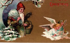 Christmas Postcard Santa Claus Green Coat Angels Germany 1909 Ser 2116 Vintage