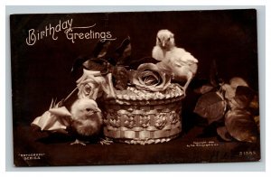 Vintage 1906 RPPC Birthday Postcard Cute Chicks Basket of Roses Nice Card