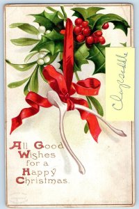 1906 Christmas Wishbone Mistletoe Holly Berries Clapsaddle Embossed Postcard