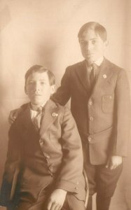 Vintage Postcard 1910's RPPC Two Boys in Suits Portrait Photo