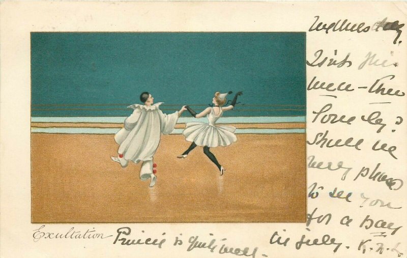 Circus harlequin couple fantasy chromo postcard pierrot exultation 1903