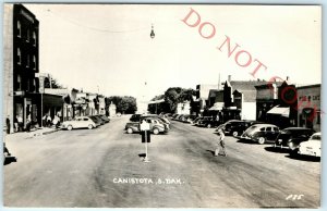 1950s Canistota, SD RPPC Downtown Main St Baseball Tonight Banner Photo A22