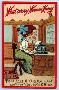 What Every Woman Knows Postcard Woman Working Typewriter Hubby's Office 1911