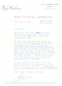 Wyn Calvin Welsh Theatre TV Comedian Stay At My House Signed 1977 Letter