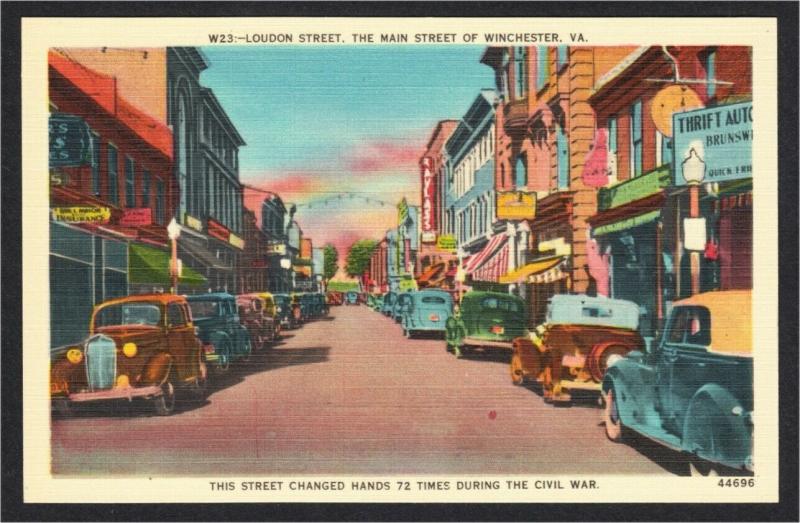 Winchester VA Loudon Street Stores and Cars 1940s1950s Linen Postcard