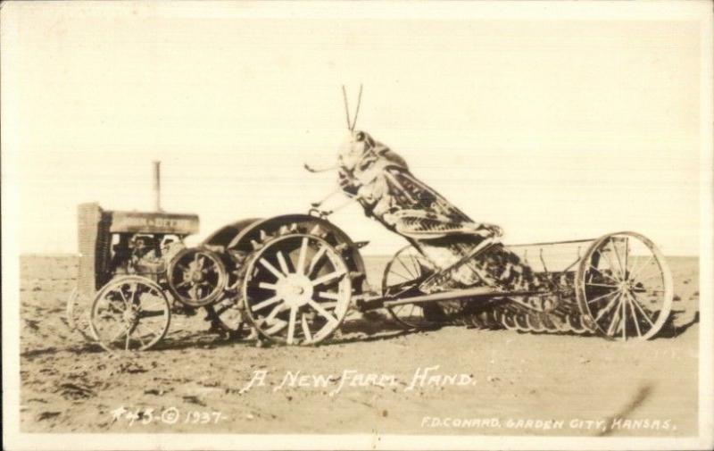 John Deere Farming Tractor Giant Grasshopper Exaggeration FD Conard RPPC 1937