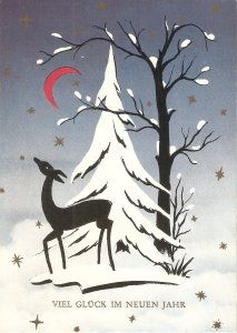 Deer in winter landscape Modern German New Year Greetings postcatd