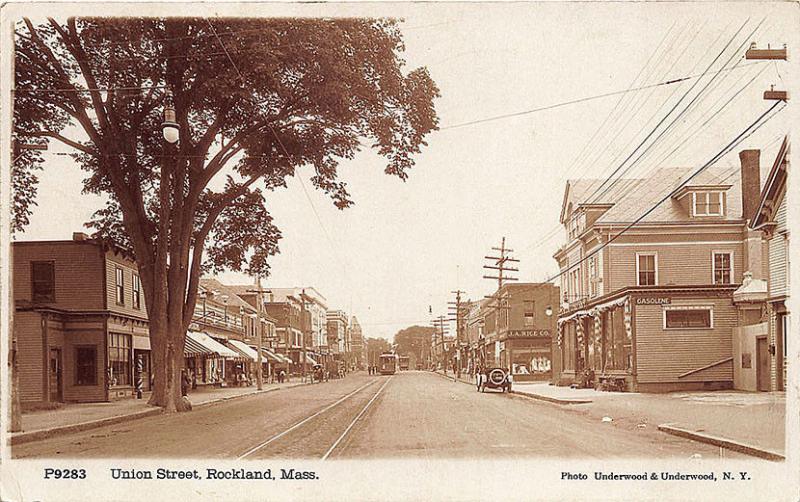 Rockland MA Union Street Storefronts Trolley Old Cars Underwood RPPC Postcard