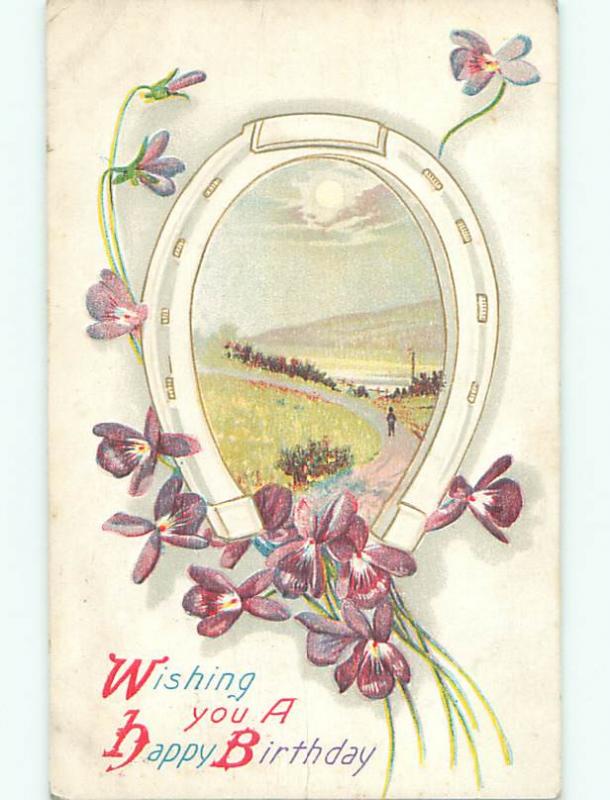 Pre-Linen LUCKY HORSESHOE WITH PURPLE FLOWERS FOR BIRTHDAY k4506