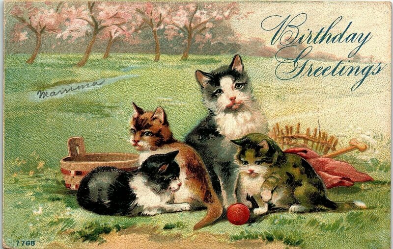 1912 Birthday Greetings Cat Kittens Springtime Playing Embossed Postcard 7-22 