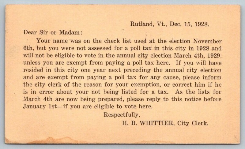 1928  Rutland  Vermont  Election  Kendall Street  Postal Card  Postcard