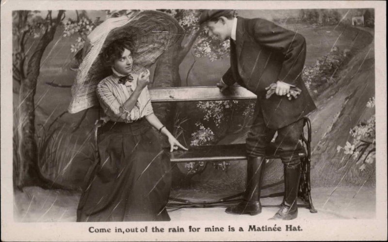 Absurd Hat Beautiful Woman Humor Come in out of Rain c1910 Real Photo Postcard