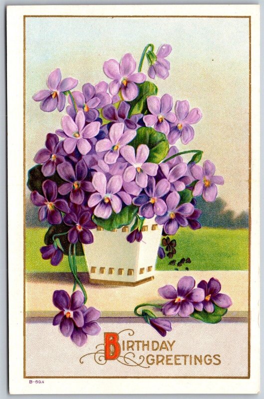 Vtg Birthday Greetings Flower Pot Perple Violets Embossed 1910s Postcard