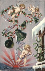 Christmas Angels Bells Holly c1900s-10s Postcard