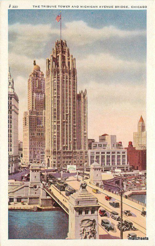 1930s Chicago Illinois Tribune Tower Flag Michigan Avenue Bridge postcard 8957