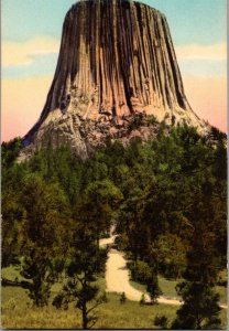 View of Devils Tower National Monument WY Hand Colored Vintage Postcard H77