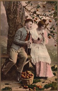 Vintage Postcard 1908 Lovers Couple Picking A Basket Of Fruits Dating Romance