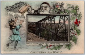 Lawyers Canyon Bridge Idaho 1911 Postcard Merry Christmas Santa Claus Girl