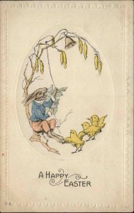 Easter Fantasy Dressed Rabbit Ringing Bell For Chicks c1910 Embossed Postcard