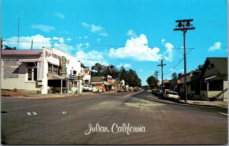 Vtg Julian California CA Street View Texaco Gas Station Old Cars 1950s Postcard