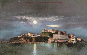 Postcard Alcatraz Island Night Searchlight Moon Ships San Francisco California