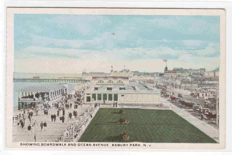 Boardwalk & Ocean Avenue Asbury Park New Jersey 1920c postcard