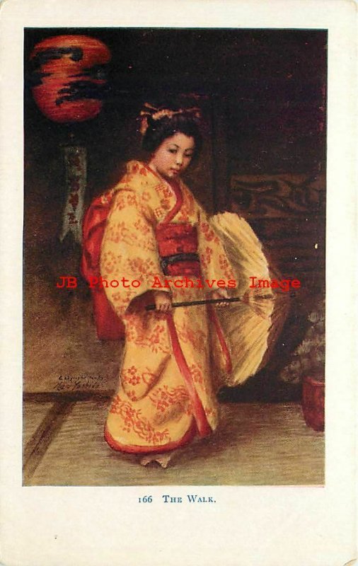 Japanese Woman in Ethnic Folklore Costume, Umbrella, Lantern, Signed Yashida