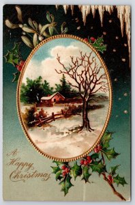 A Happy Christmas Landscape Winter Home Green Leaves Greetings Wishes Postcard