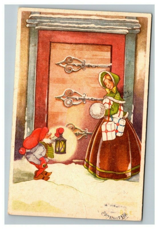 Vintage 1953 Finnish Christmas Postcard Elf Lantern Greets Woman at Front Door