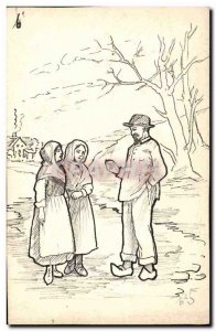 Old Postcard (hand drawing) Peasants Folklore