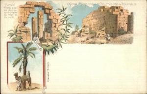 Karnak Egypt Multi View Litho Pylone Statue c1900 Clean Stamp & Cancel Postcard