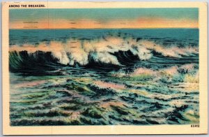 VINTAGE POSTCARD AMONG THE BREAKERS OCEAN SURF SCENE POSTED WILDWOOD N.J. 1941