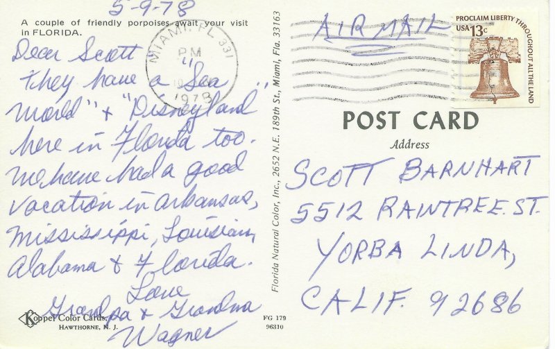 US. used.  Miami Florida - Porpoises. .mailed 1978.