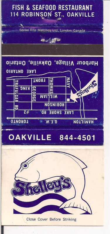 Matchbook Cover ! Shelley's Seafood, Oakvlle, Ontario !