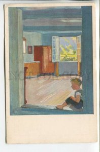 461941 Albert WELTI Boy in Window Blue House Vintage postcard