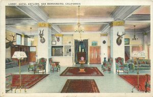 Postcard 1937 California San Bernardino Lobby Hotel Antler's Tichnor 23-658