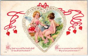 VALENTINE Greeting Embossed HEART  Postcard  Boy & Girl CUPIDS?   c1910s