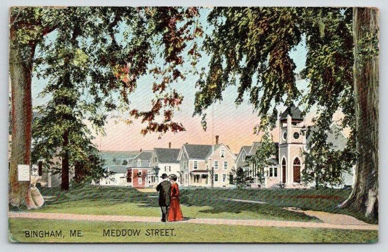 Bingham Maine~Victorian Couple on Meddow Street Sidewalk~Homes~Church~1912 