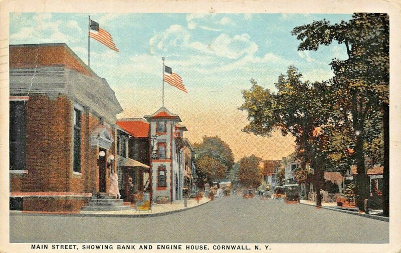 CORNWALL NY~MAIN STREET-BANK-FIRE ENGINE HOUSE~1931 J RUBEN PUBL  POSTCARD