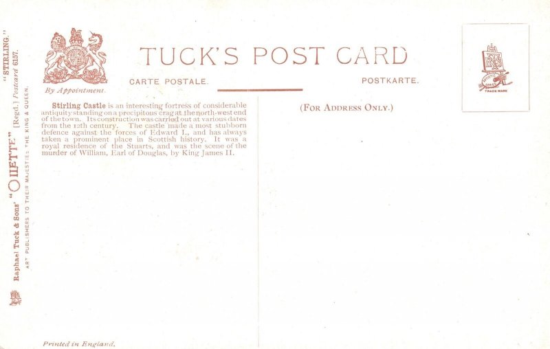 Vintage Postcard Stirling Castle Steep Cliffs Scotland Historical Architectural