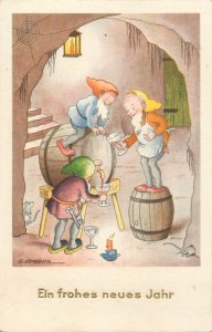 Holidays & celebrations greetings postcard comic drunk dwarfs caricature Lambert