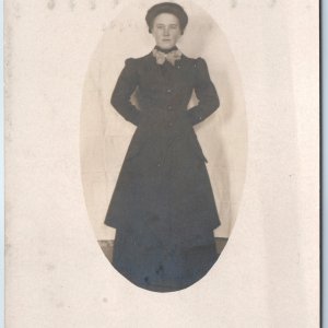 c1910s Young Lady RPPC Portrait Classy Black Suit Dress Pompadour Hair PC A254